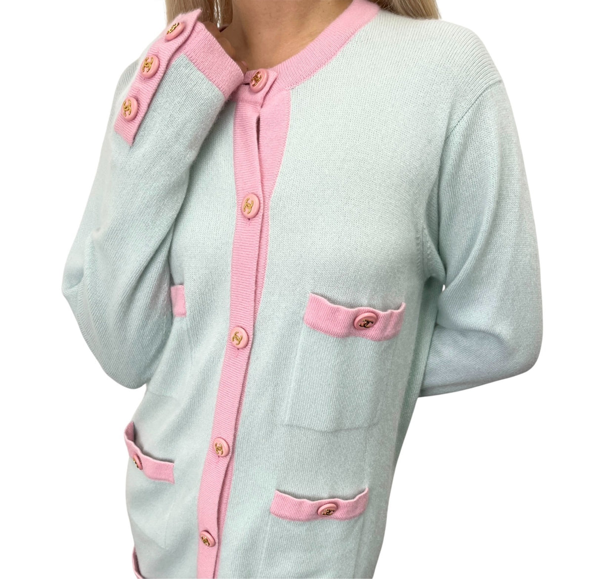 CHANEL Vintage CC Logo Cashmere Knit Long Cardigan Top Blue Pink 902470