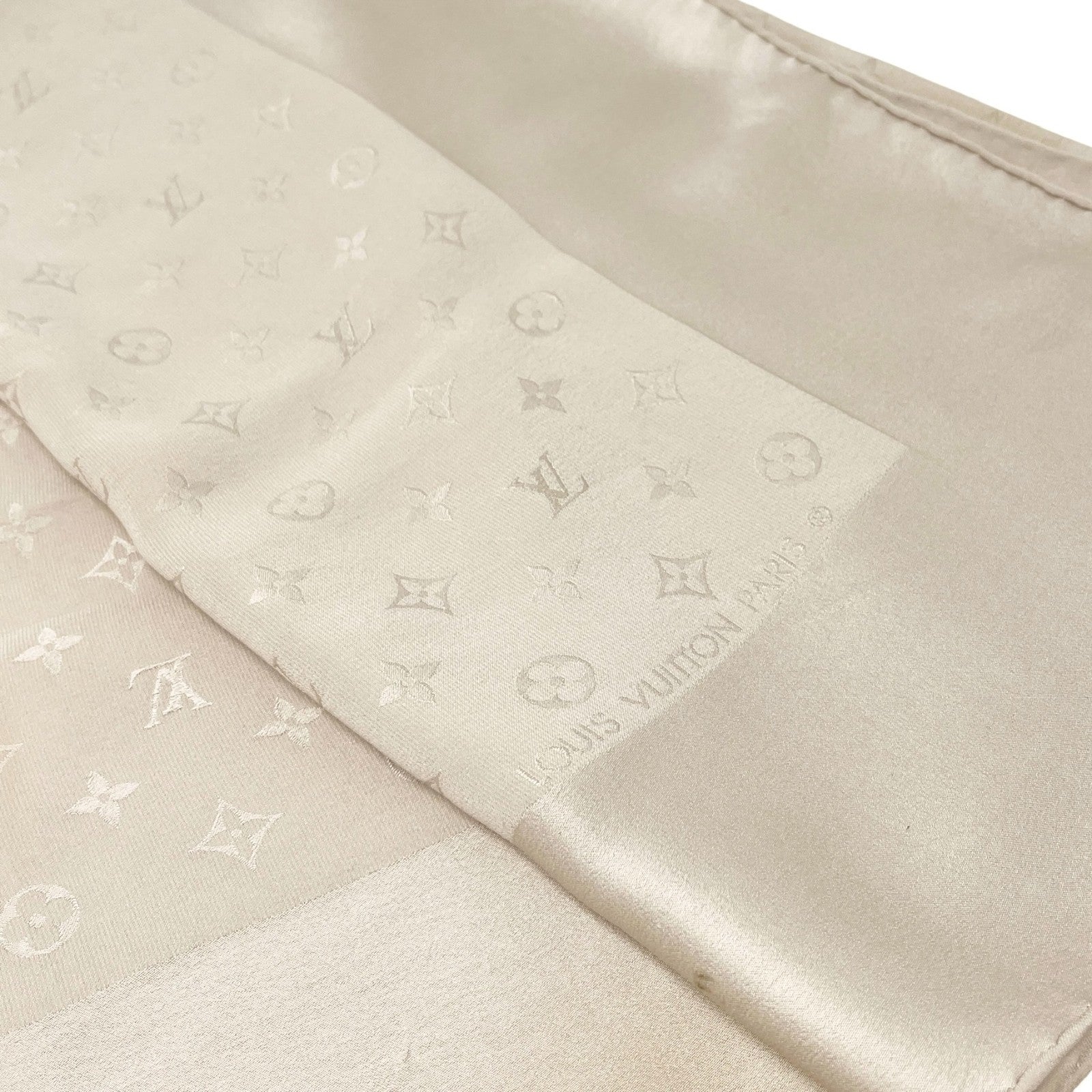 LOUIS VUITTON Vintage LV Monogram Logo Scarf Wrap Shawl Accessory Cream Silk