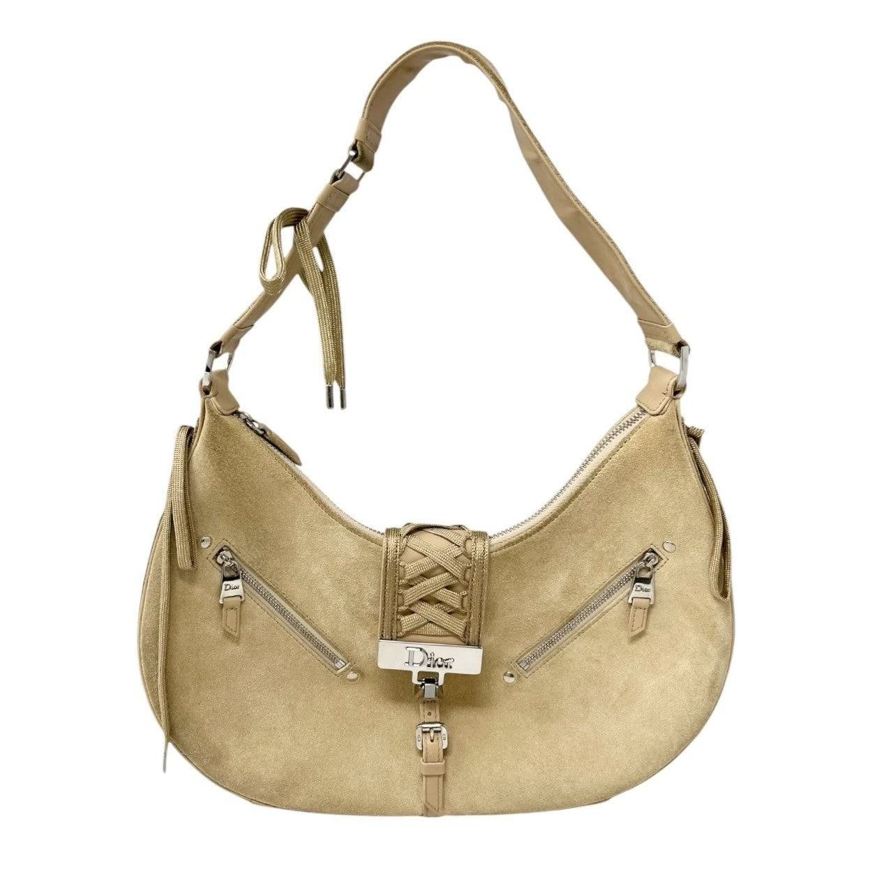 Christian Dior Vintage 2002 Admit It Suede Shoulder Bag Lace Up Beige Silver