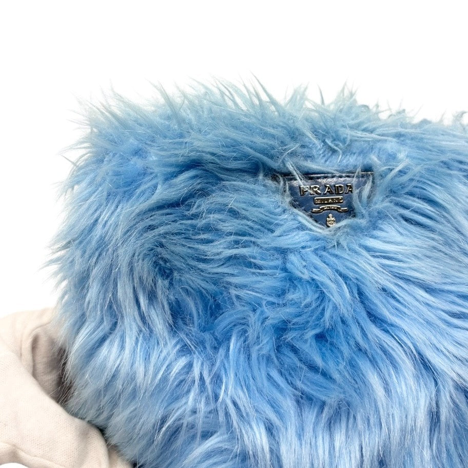 PRADA Vintage Logo Pelliccia Chain Shoulder Bag Mini Pouch Blue Faux Fur 902321