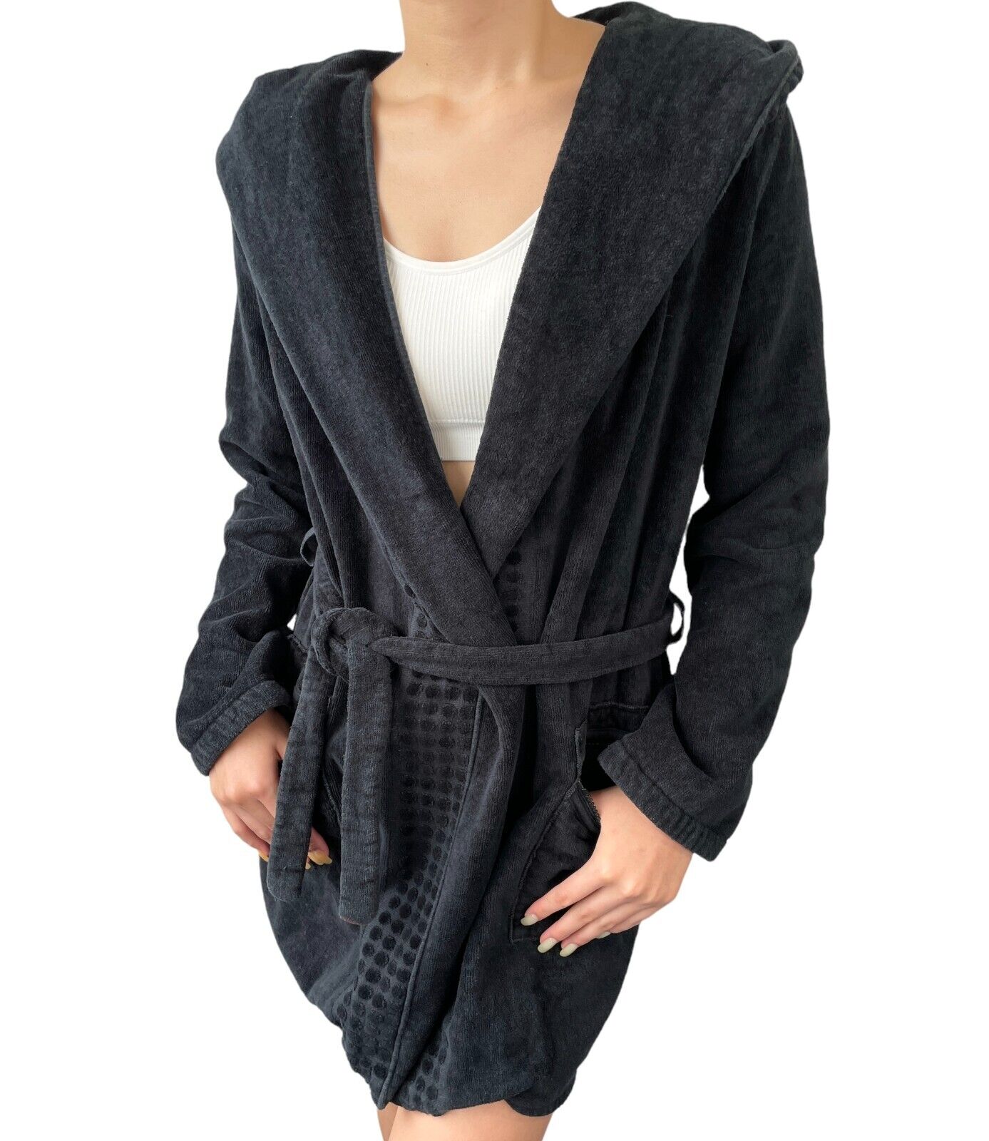 CHANEL Sport Vintage 09P CC Mark Logo Bathrobe #36 Terry Cloth Black Cotton