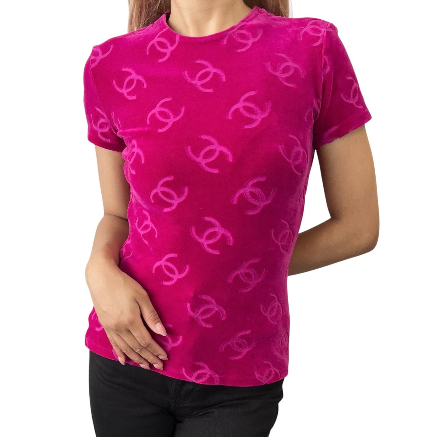 CHANEL Vintage 1996 CC Logo Velour T-shirt #40 Short Sleeve Top Pink Red