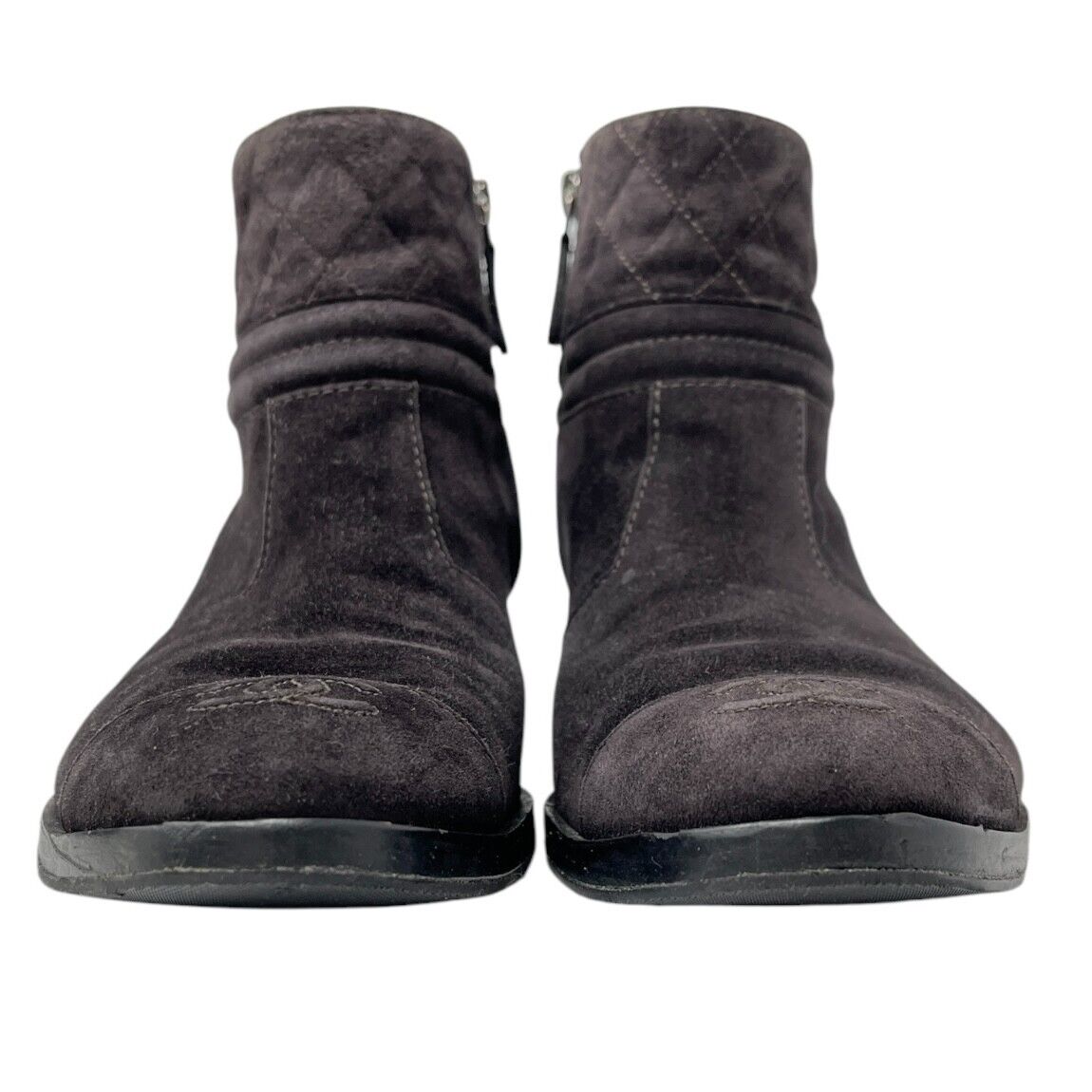 CHANEL Vintage CC Mark Logo Short Boots #38-38.5 Brown Suede Stitch Zip