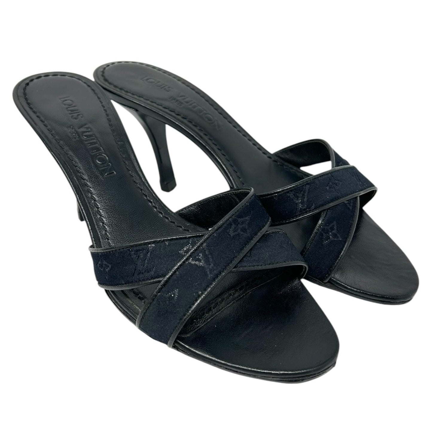 LOUIS VUITTON Vintage LV Monogram Satin Open Toe Sandals #37 Black Leather