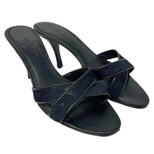 LOUIS VUITTON Vintage LV Monogram Satin Open Toe Sandals #37 Black Leather
