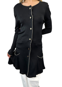 CHANEL Vintage CC Logo Knit Long Cardigan Button Black White Dress Cotton Blend