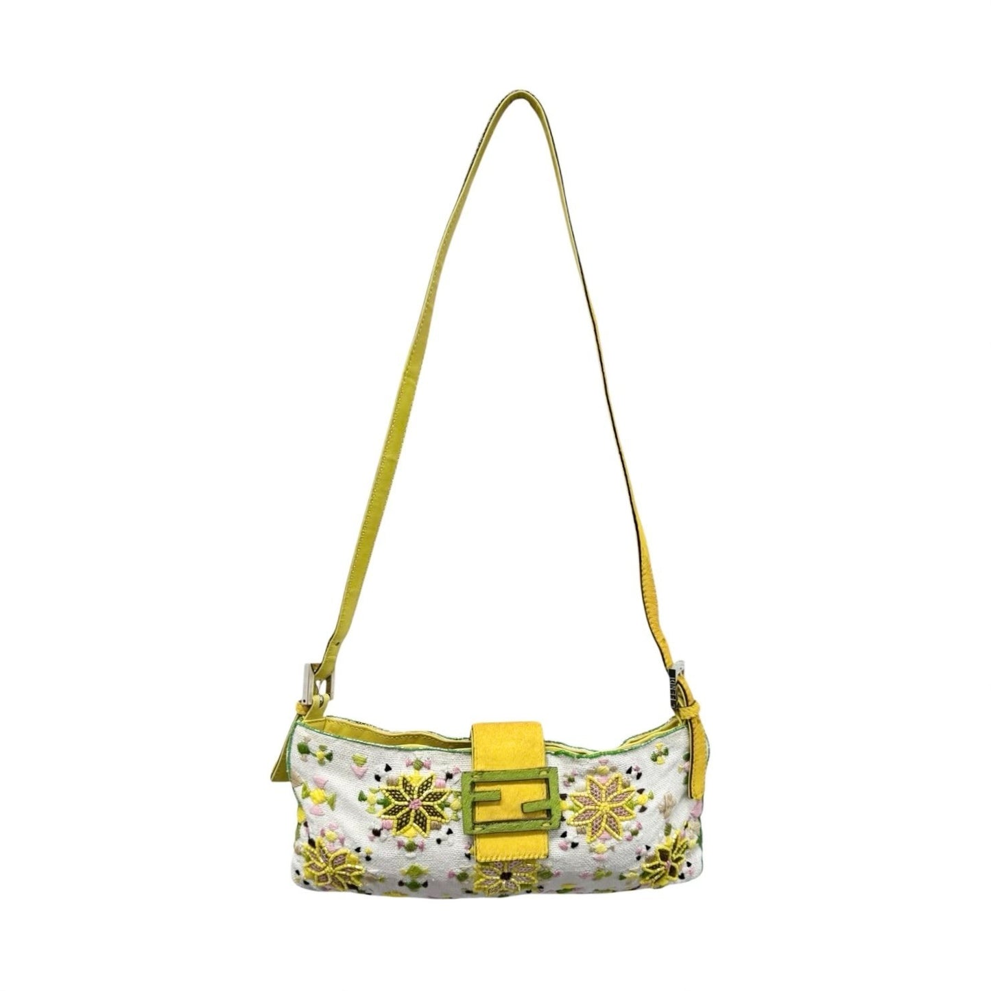 FENDI Vintage FF Beads Mamma Baguette Crossbody Bag Flower Embroidery Yellow