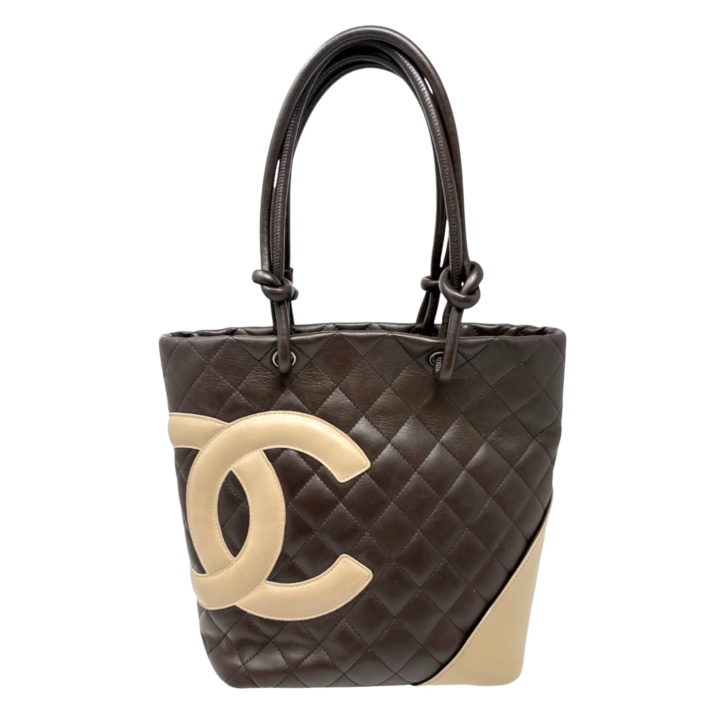 CHANEL Vintage Cambon Line CC Logo Quilted Tote Bag Brown Beige Leather 901900