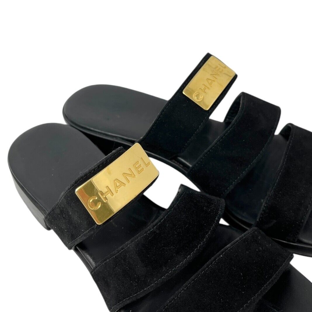 CHANEL Vintage CC Mark Logo Plate Slide Sandals #37-37.5 Black Gold Suede