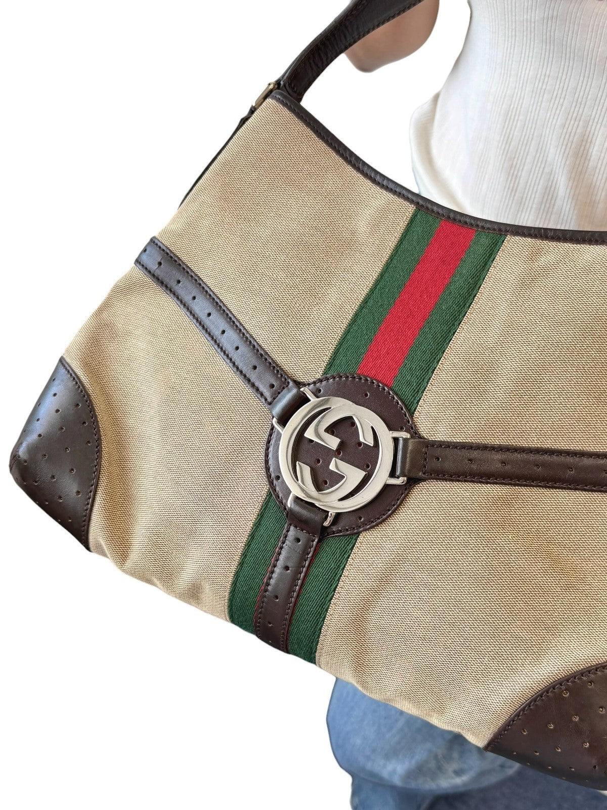 GUCCI Vintage Web Stripe Interlocking GG Logo Canvas Hobo Bag Brown 902575