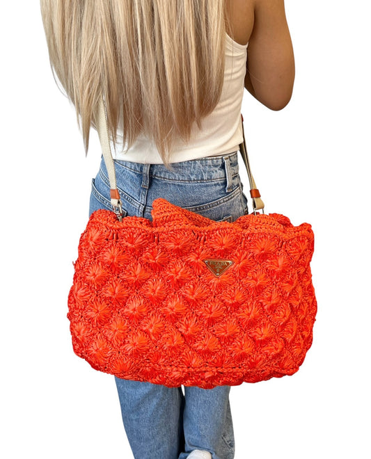 PRADA Vintage Triangle Logo Raffia Tote Bag Crossbody 2way Orange Snap Button