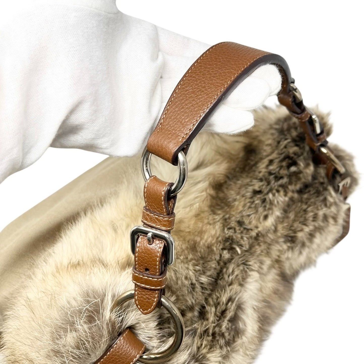 PRADA Vintage Logo Jacquard Fur Trim Canvas Shoulder Tote Bag Beige Brown