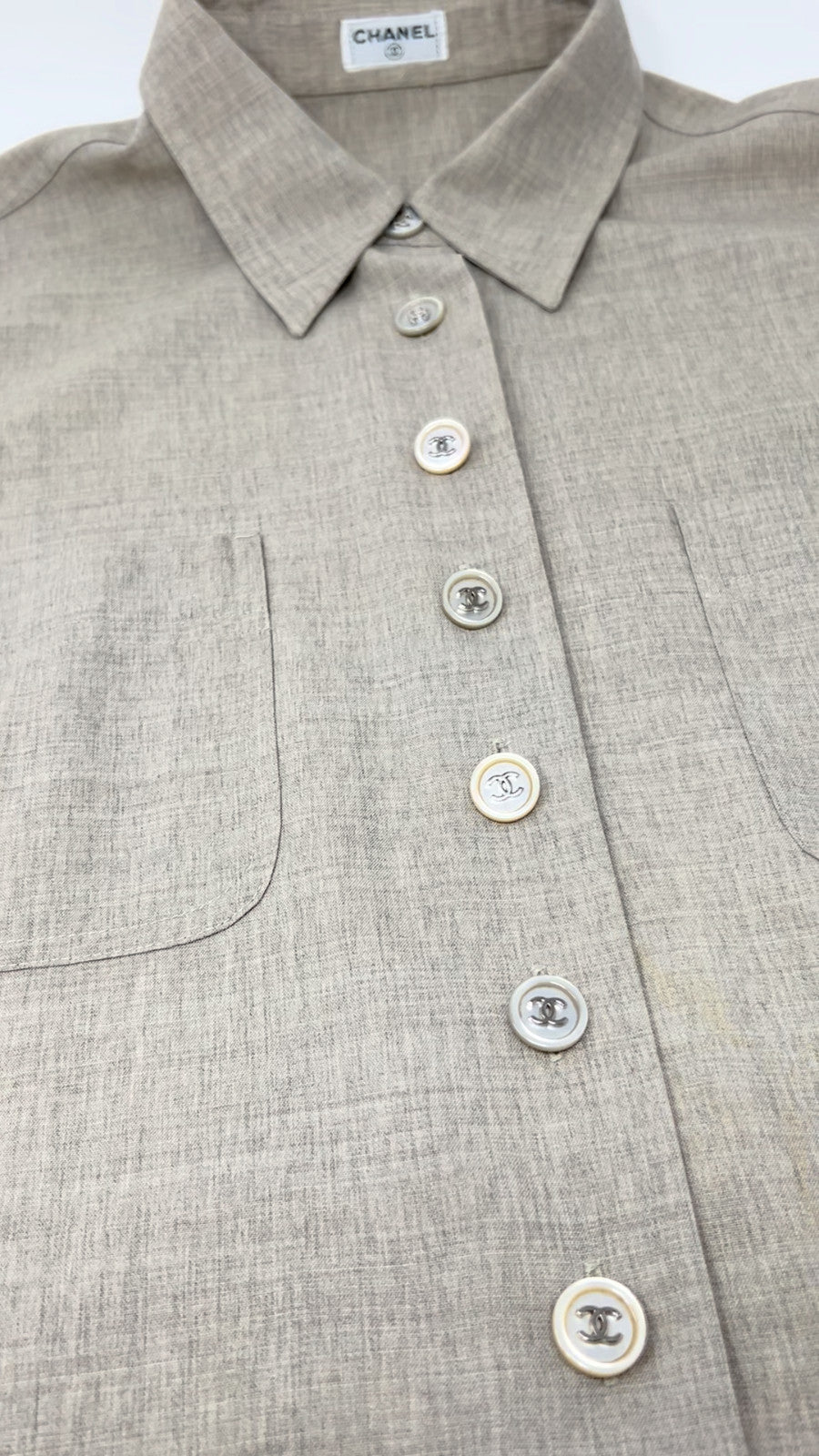 CHANEL Vintage CC Logo Button Up Shirt Blouse Top Beige Front Pocket Wool