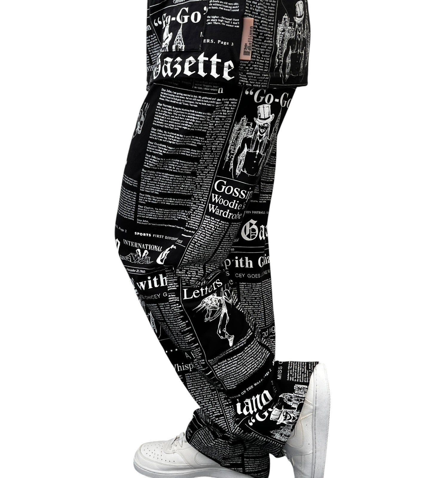 John Galliano Vintage Newspaper Print Hoodie Top Pants Set #XS Black 902549