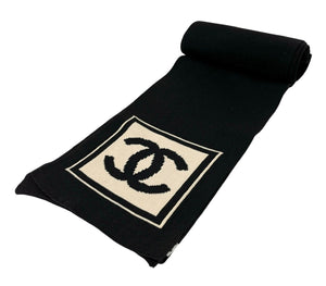CHANEL Sport Vintage 03A CC Mark Logo Knit Scarf Shawl Black Beige Cotton