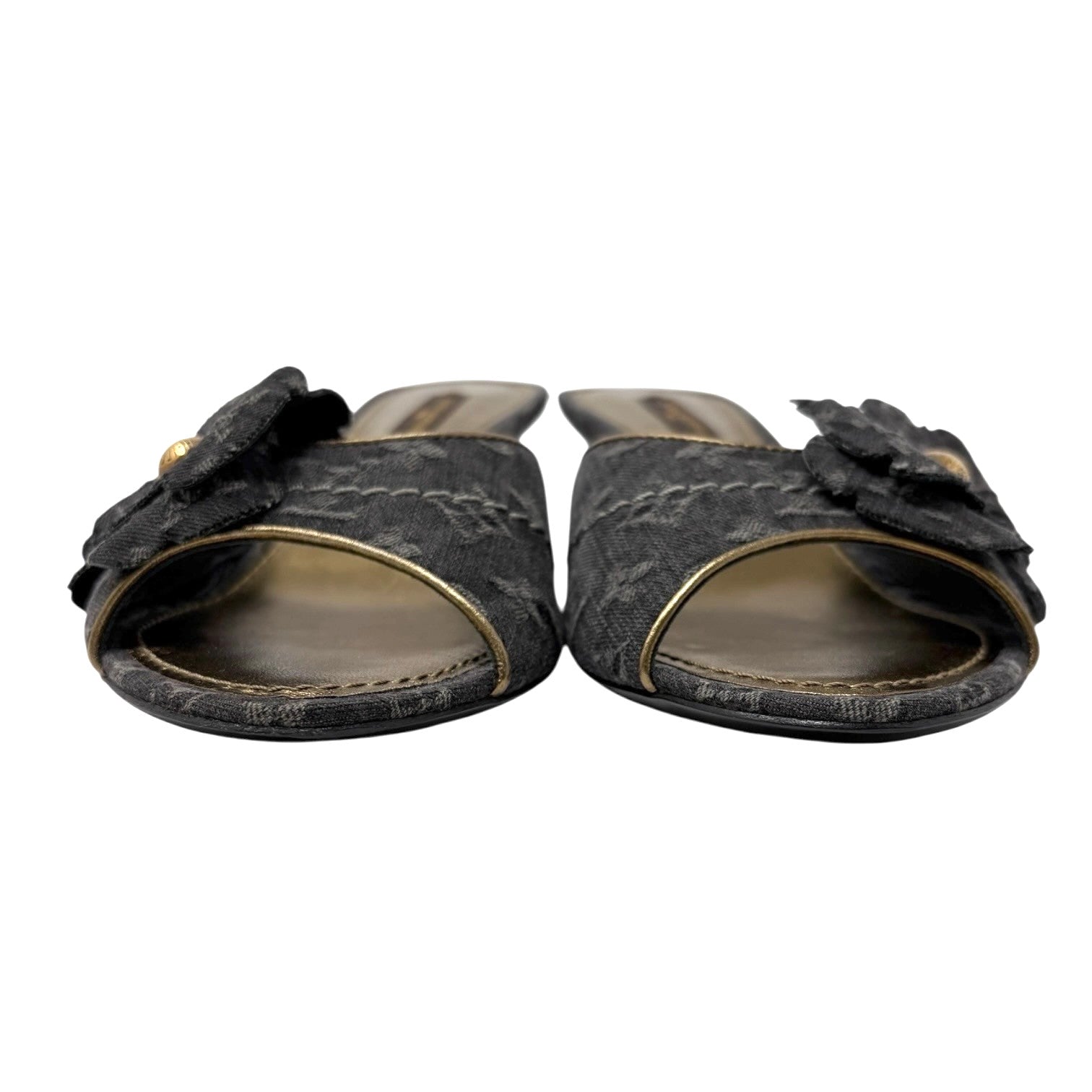 LOUIS VUITTON Vintage Monogram Denim Heels Sandals #36.5 Black Gold Corsage