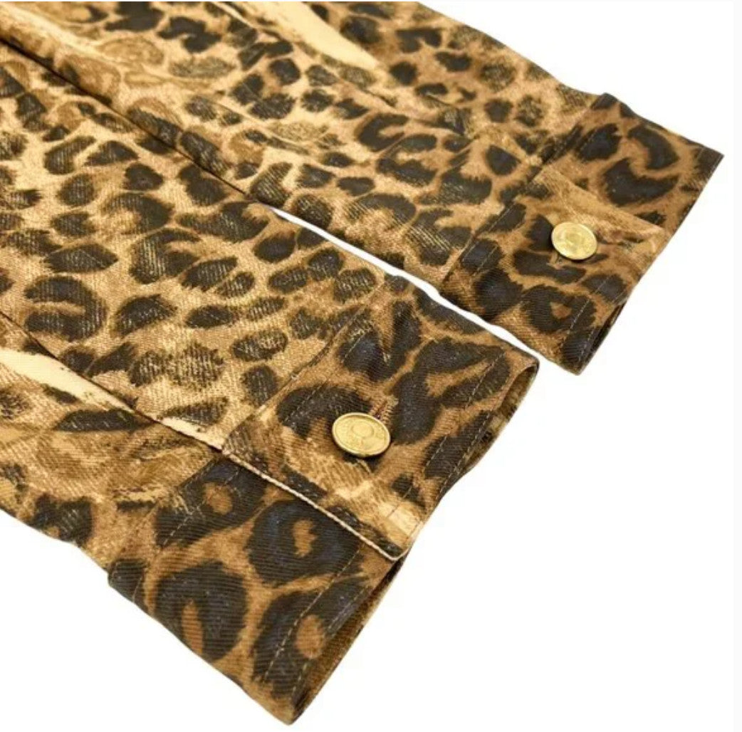 Christian Dior Vintage 2000 Logo Leopard Denim Jacket Coat #38 Brown Cotton