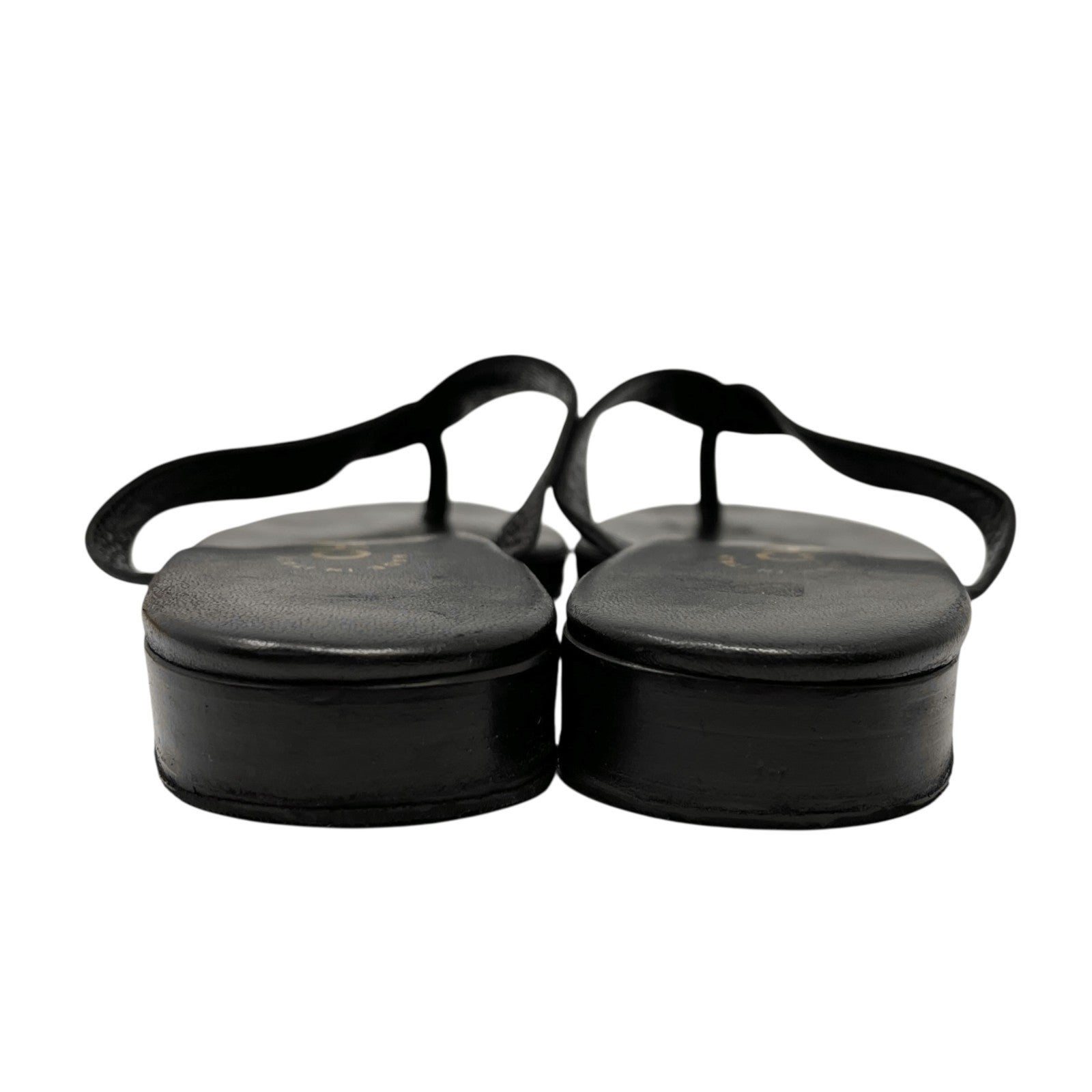 CHANEL Vintage CC Mark Logo Flip-Flops Sandals #37 Flat Black Leather Satin