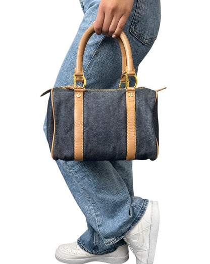 Christian Dior Vintag 2002 D Charm Denim Mini Boston Bag Blue Beige Gold