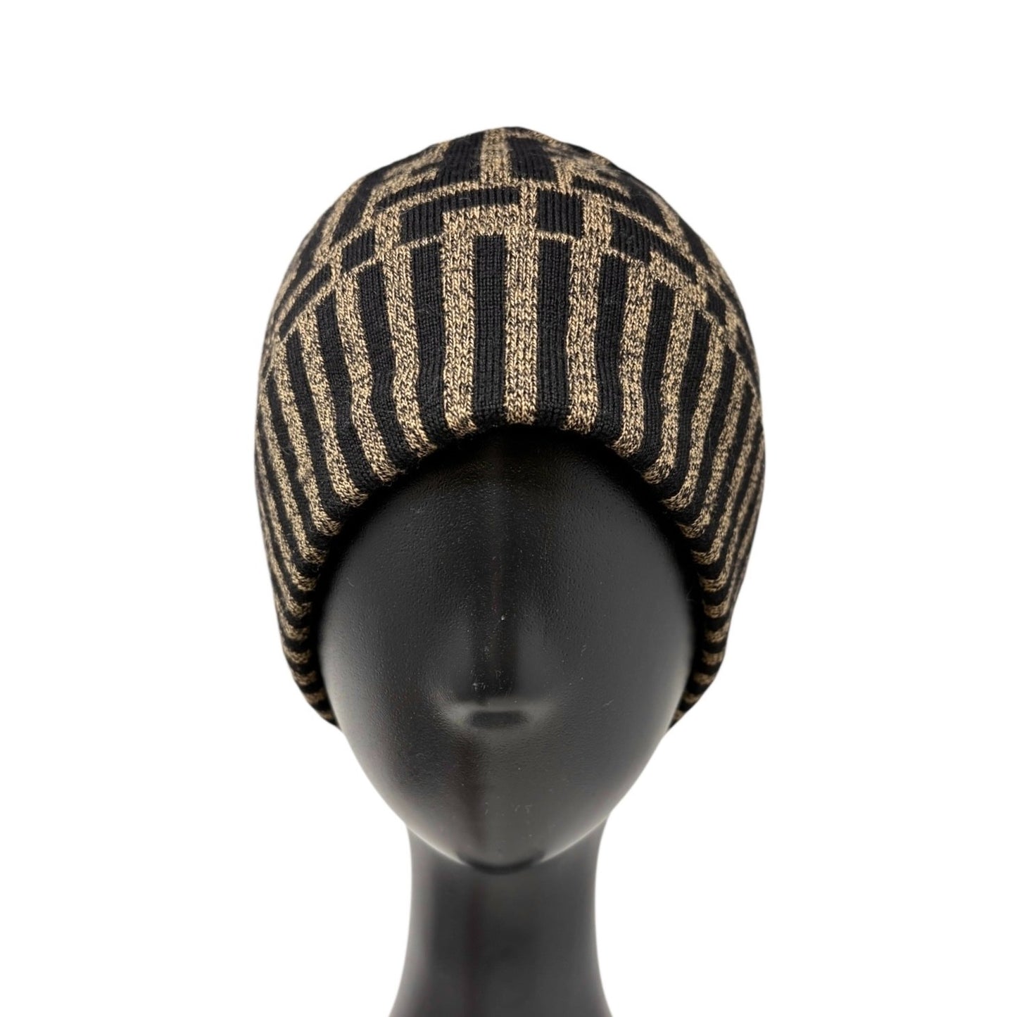 FENDI Vintage Zucca Knit Beanie Cap Stripe Brown Black FF Logo Monogram Wool