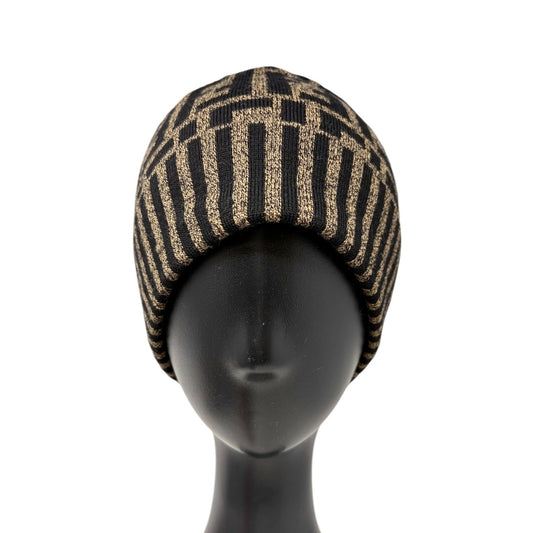 FENDI Vintage Zucca Knit Beanie Cap Stripe Brown Black FF Logo Monogram Wool