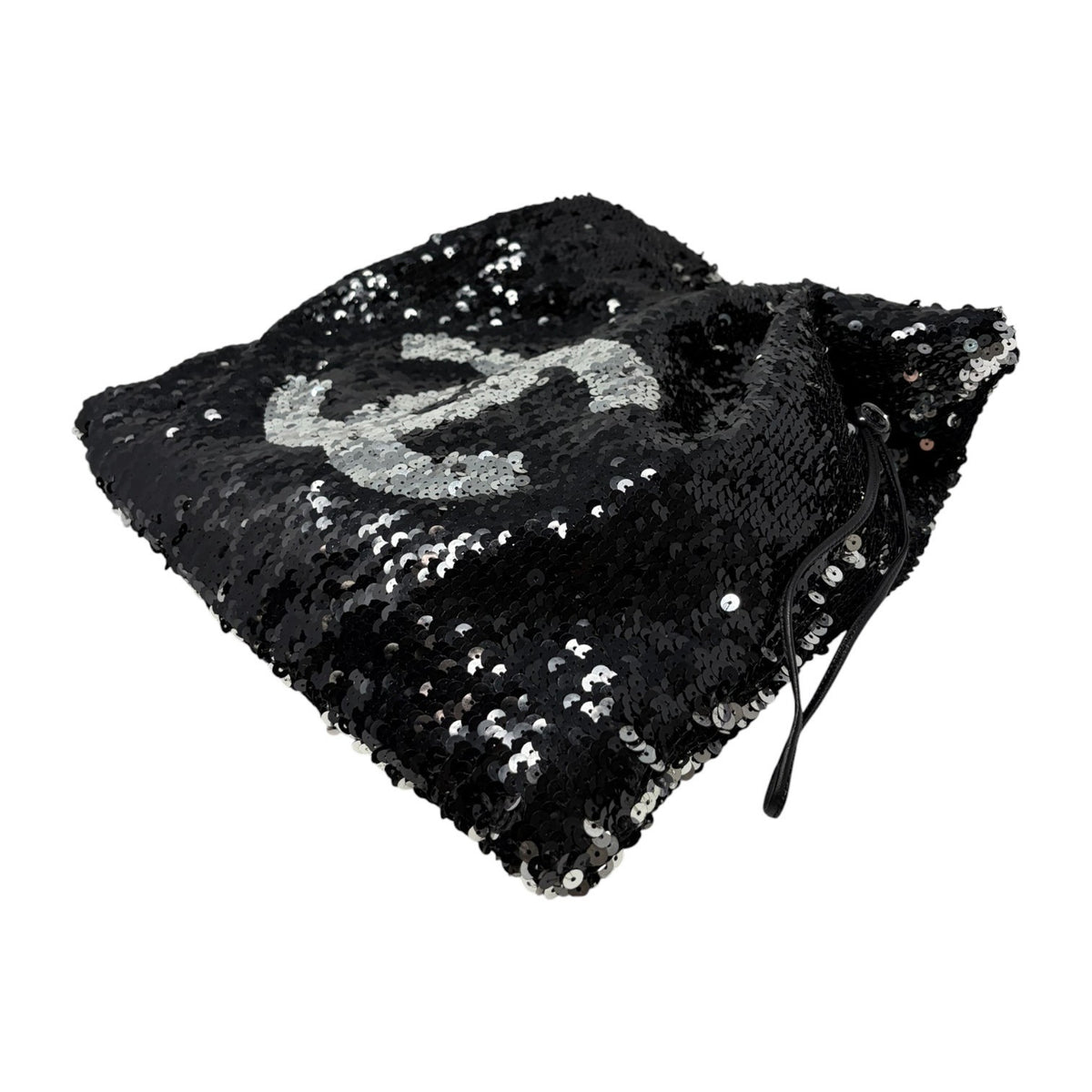CHANEL Vintage CC Logo Sequins Chain Shoulder Bag Black Silver Leather 902476