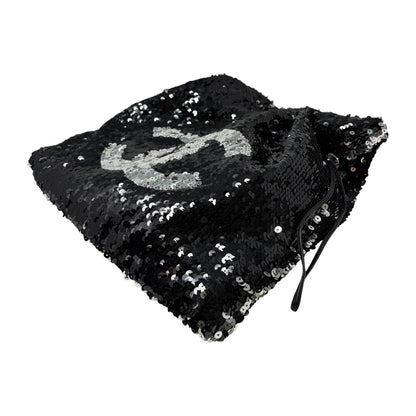 CHANEL Vintage CC Logo Sequins Chain Shoulder Bag Black Silver Leather 902476