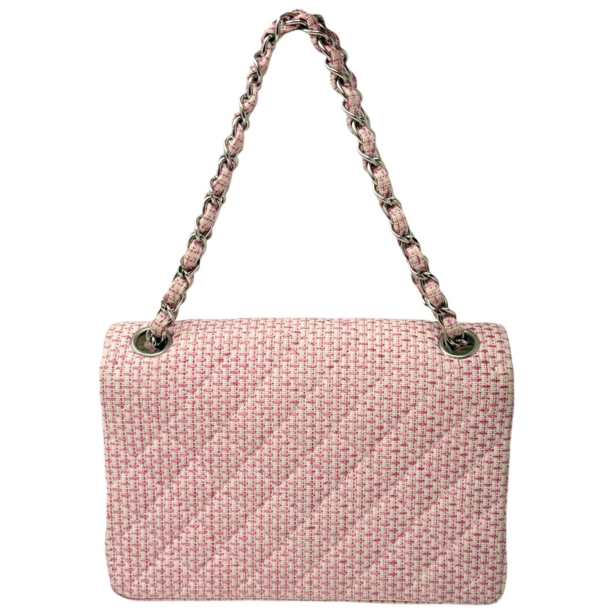 CHANEL Vintage CC Logo Quilted Chain Shoulder Bag Pink Cream Tweed 902313
