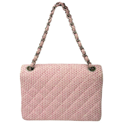 CHANEL Vintage CC Logo Quilted Chain Shoulder Bag Pink Cream Tweed 902313