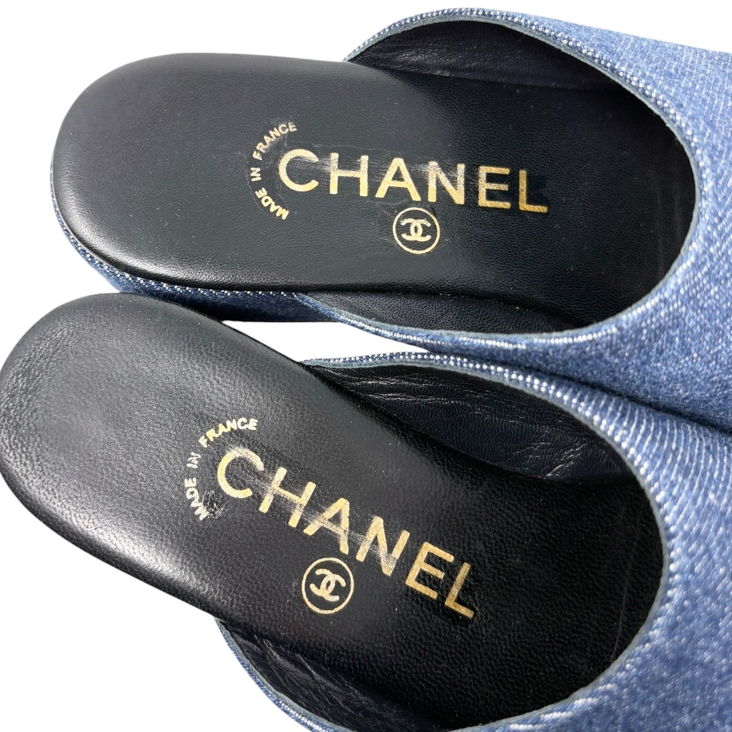 CHANEL Vintage CC Stitch Logo Thong Denim Sandals #37 Blue Black Leather