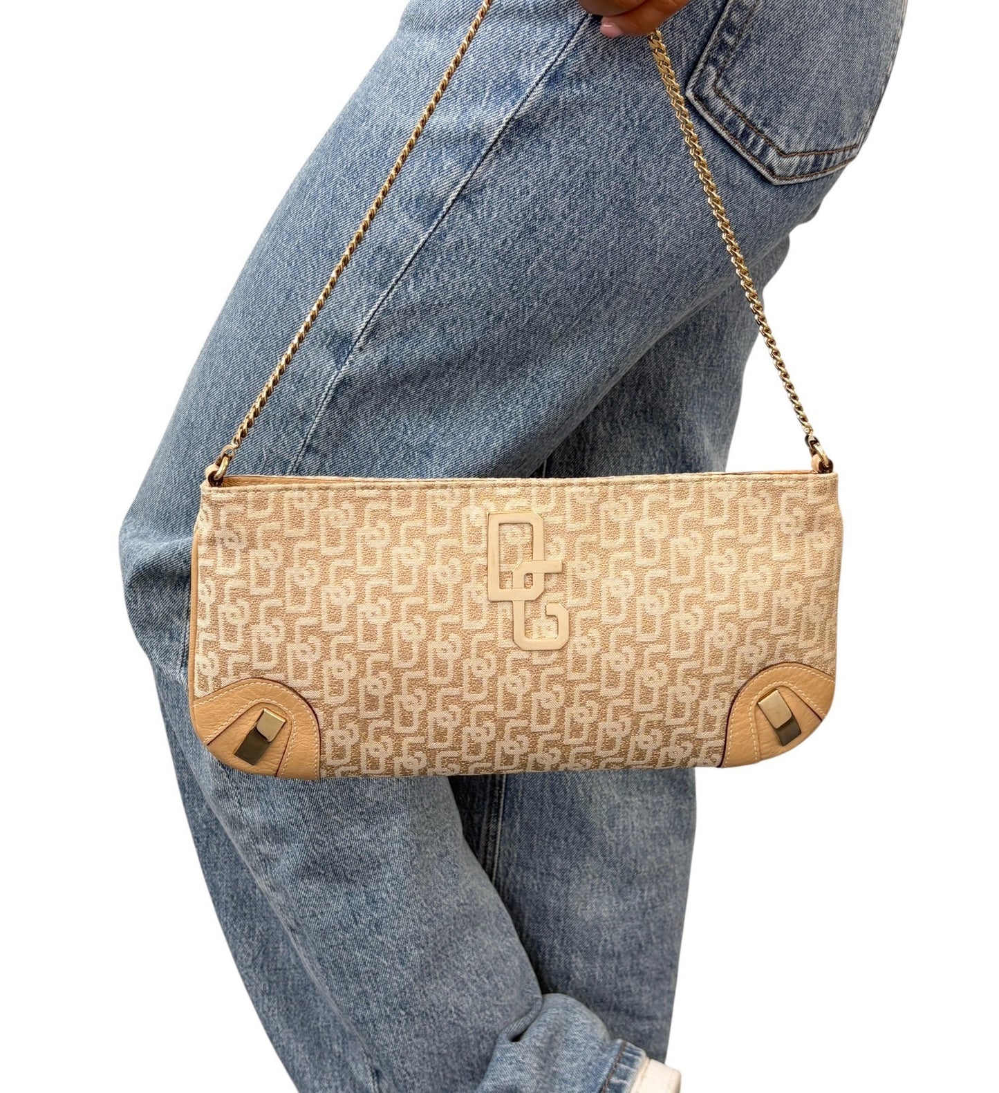 DOLCE&GABBANA Vintage DG Logo Chain Shoulder Bag Beige Gold Canvas 902060