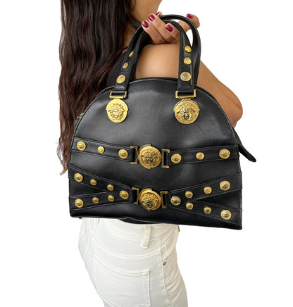 GIANNI VERSACE Vintage Medusa Logo Top Handle Bag Black Gold Leather Zip 902957