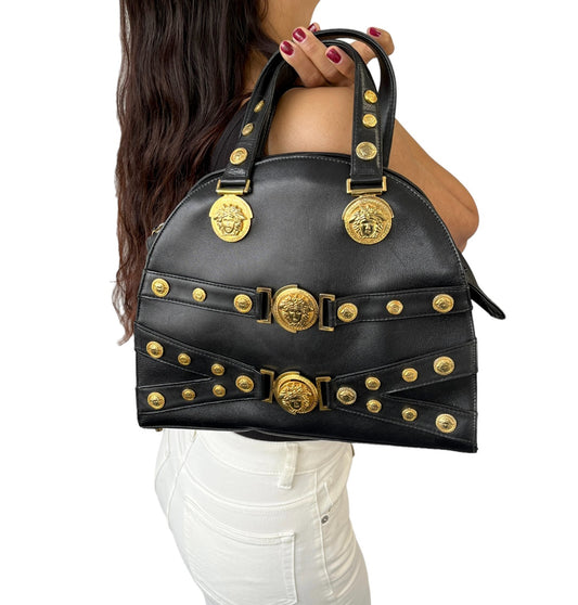GIANNI VERSACE Vintage Medusa Logo Top Handle Bag Black Gold Leather Zip 902957