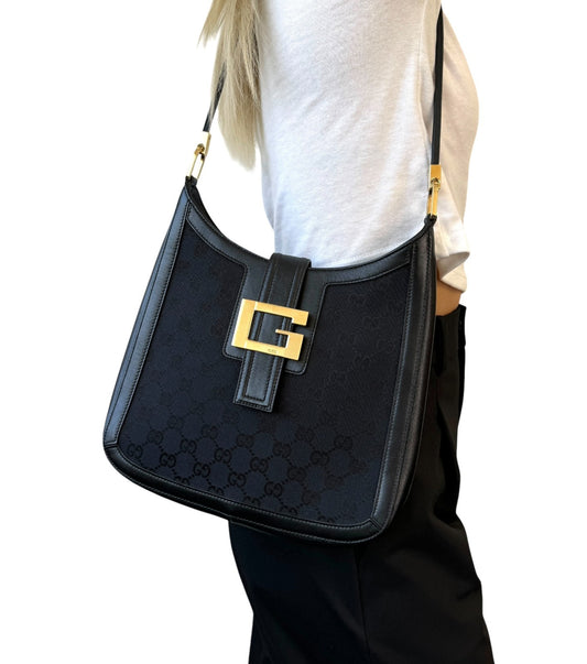 GUCCI Vintage G Square GG Monogram Shoulder Bag Magnetic Black Gold Leather
