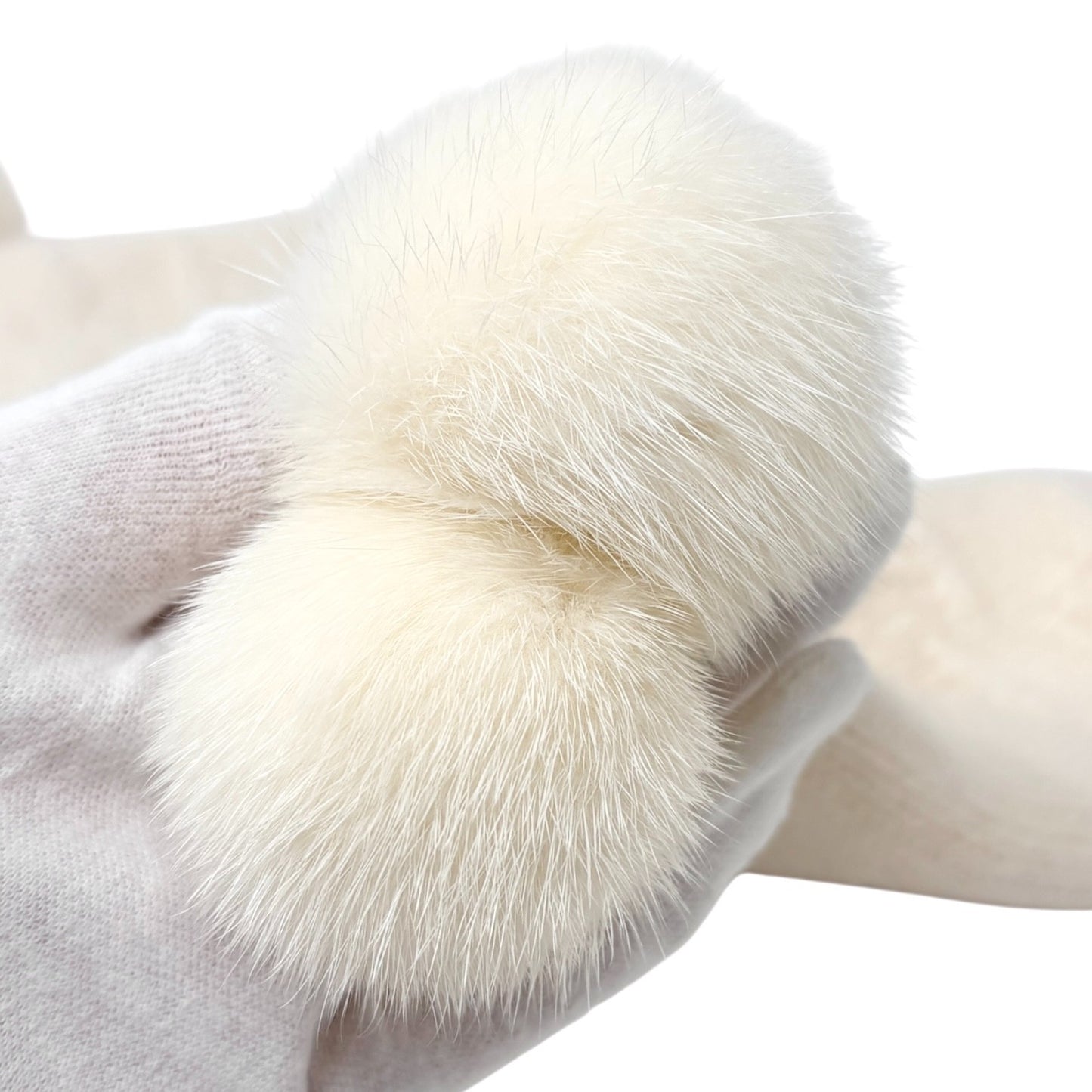 LOUIS VUITTON Vintage Cashmere Knit Gloves Mittens Mink Pompons Cream LV Logo