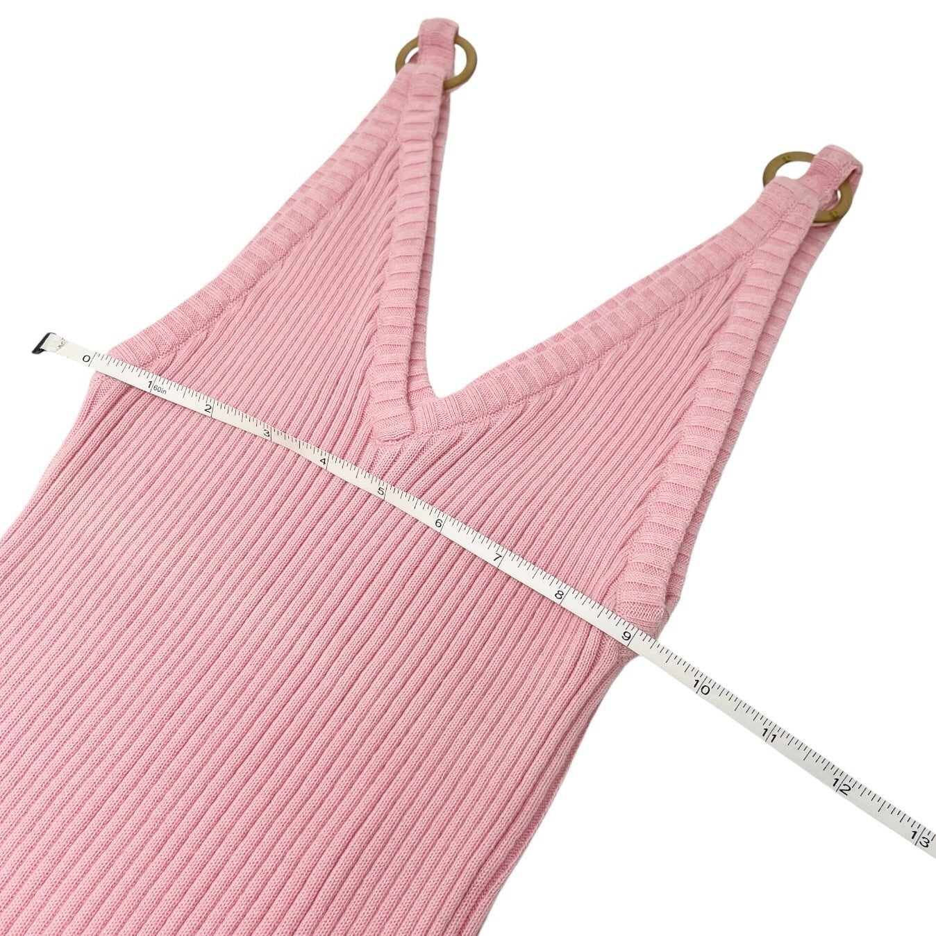 CHANEL Vintage 01C CC Logo Rib Knit Tank Top #38 Pink Gold Ring Cotton Rank AB