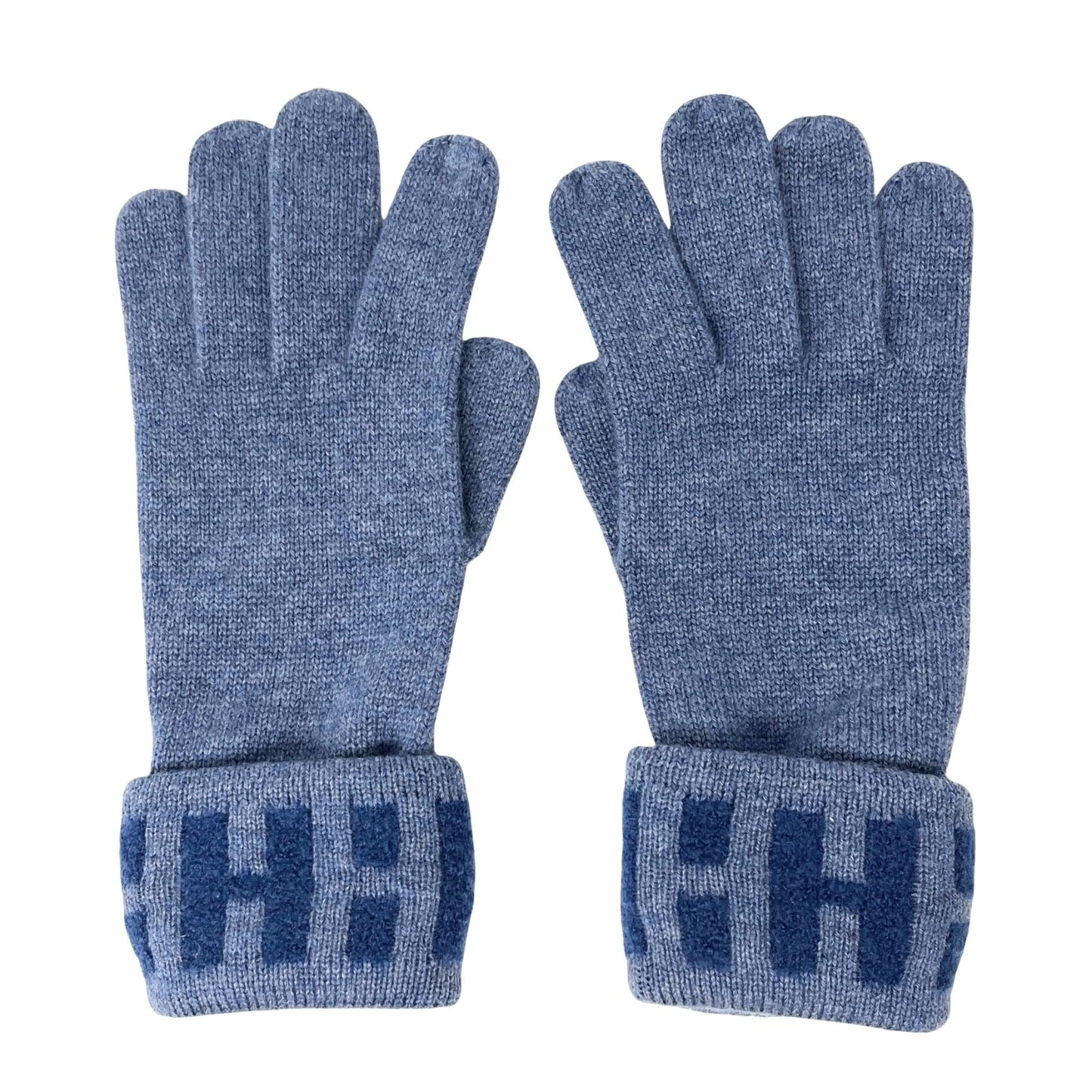 HERMES Vintage H Logo Gloves #S Knit Fashion Winter Accessory Blue Cashmere