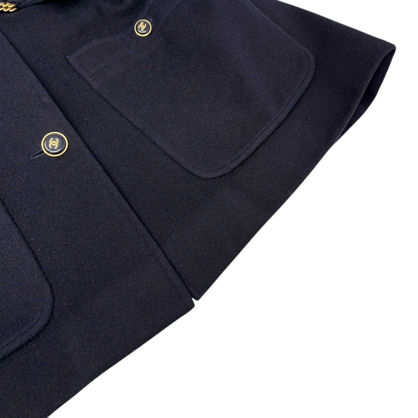 CHANEL Vintage 95A CC Button Cashmere Coat Jacket #40 Belt Dark Blue Gold