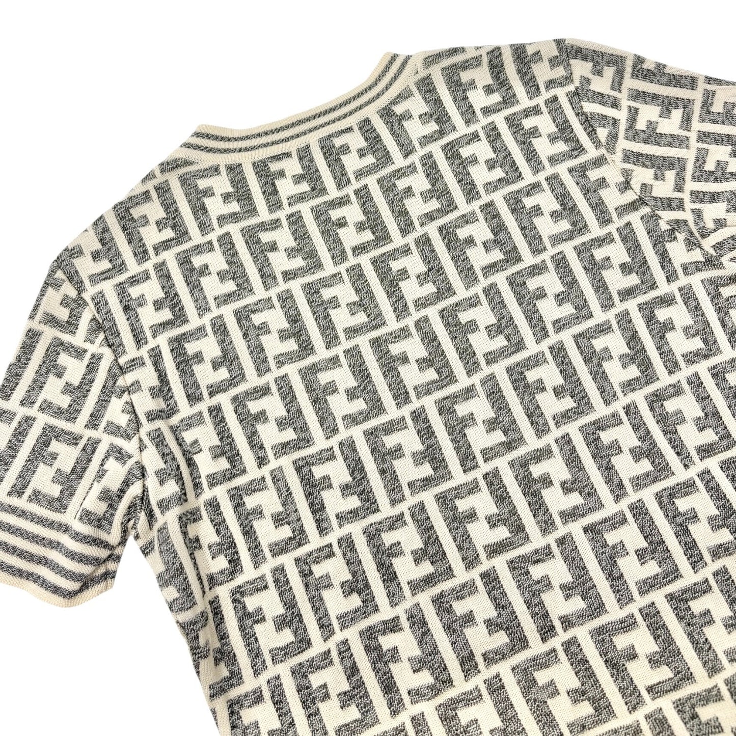 FENDI Vintage Zucca Monogram Short Sleeve Sweater Knit Top Cotton Gray Cream