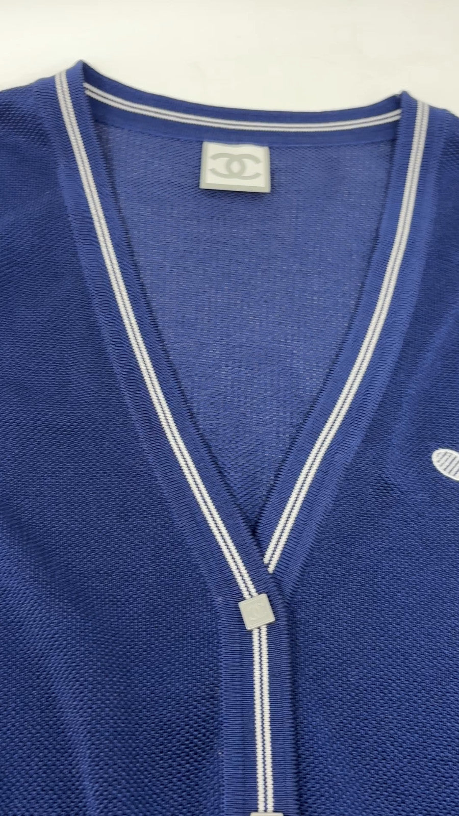 CHANEL Sport Vintage 06P CC Tennis Cardigan Knit Top #34 Blue Cotton Snap Button