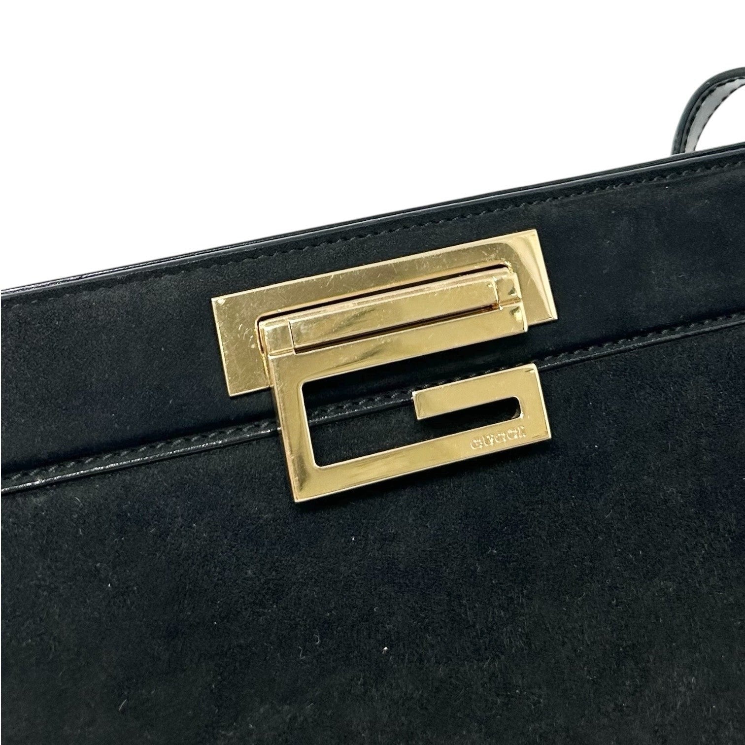 GUCCI Vintage G Square Logo Shoulder Bag Handbag Black Gold Suede Leather