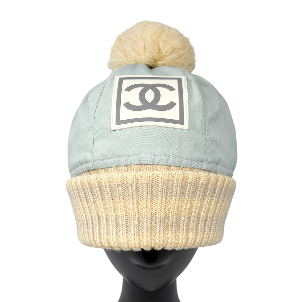 CHANEL Sport Vintage CC Logo Knit Pompom Beanie Hat Cap #M Blue Beige 902497