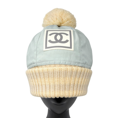 CHANEL Sport Vintage CC Logo Knit Pompom Beanie Hat Cap #M Blue Beige 902497