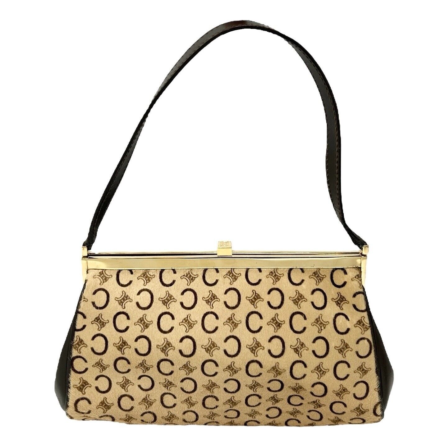 CELINE Vintage Macadam Monogram Logo Shoulder Bag Beige Brown Calf Hair Leather