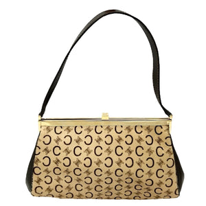 CELINE Vintage Macadam Monogram Logo Shoulder Bag Beige Brown Calf Hair Leather