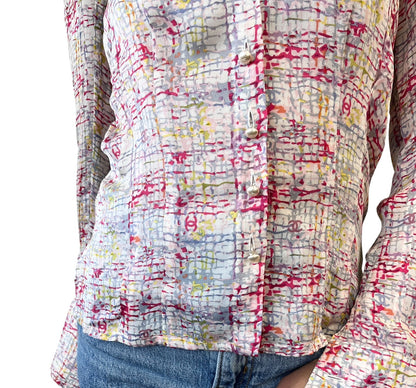 CHANEL Vintage 05C CC Tweed Print Shirt Blouse Top #34 Multicolor Silk 901994