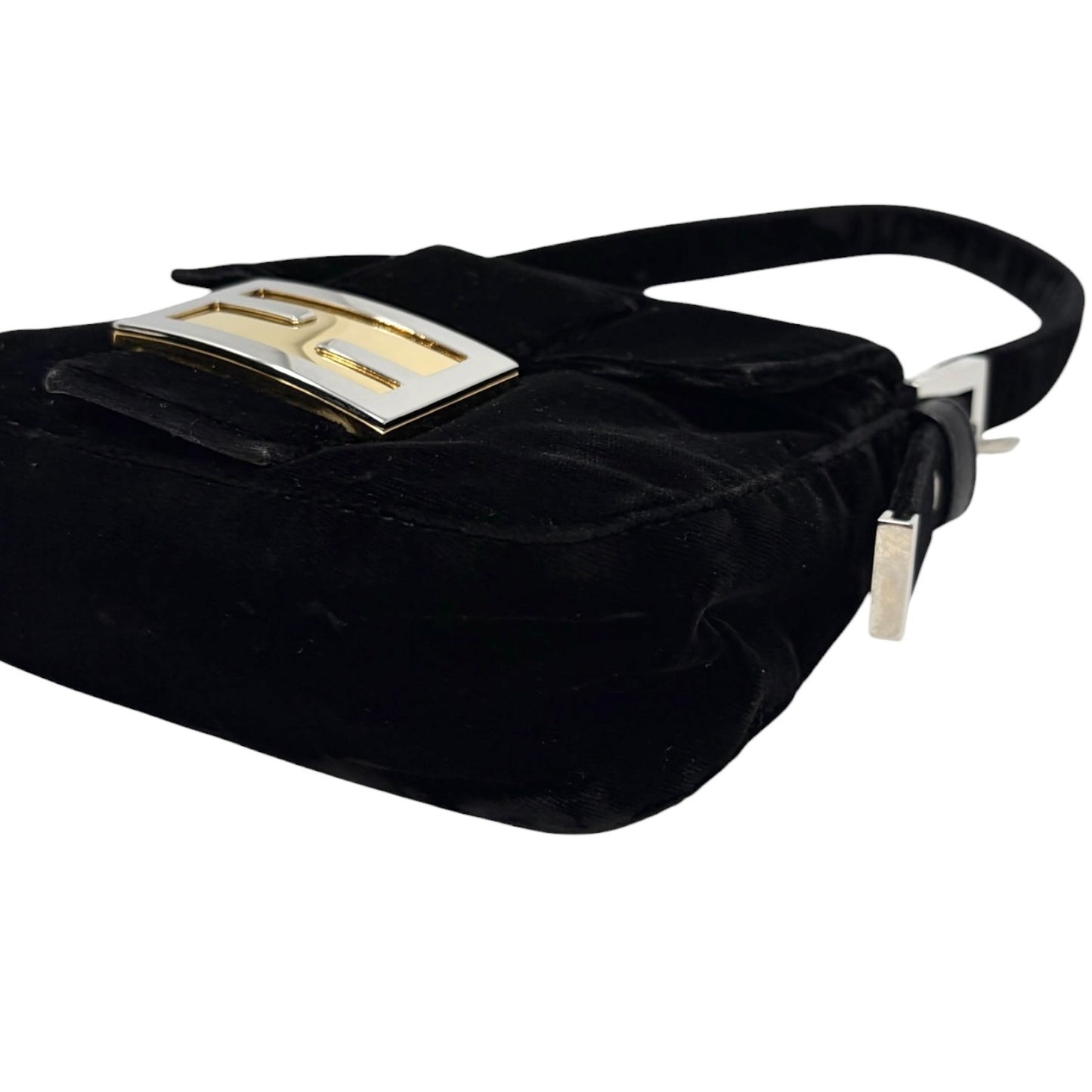 FENDI Vintage FF Logo Mamma Baguette Shoulder Bag Black Silver Velour 902207