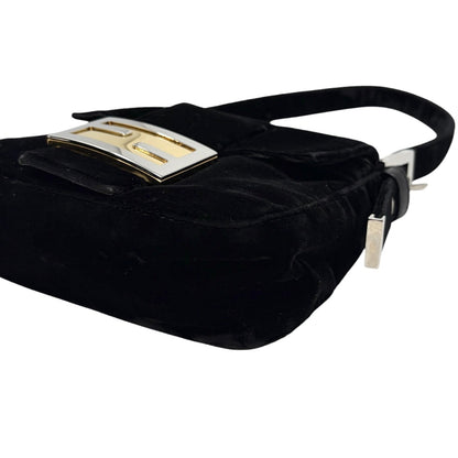 FENDI Vintage FF Logo Mamma Baguette Shoulder Bag Black Silver Velour 902207