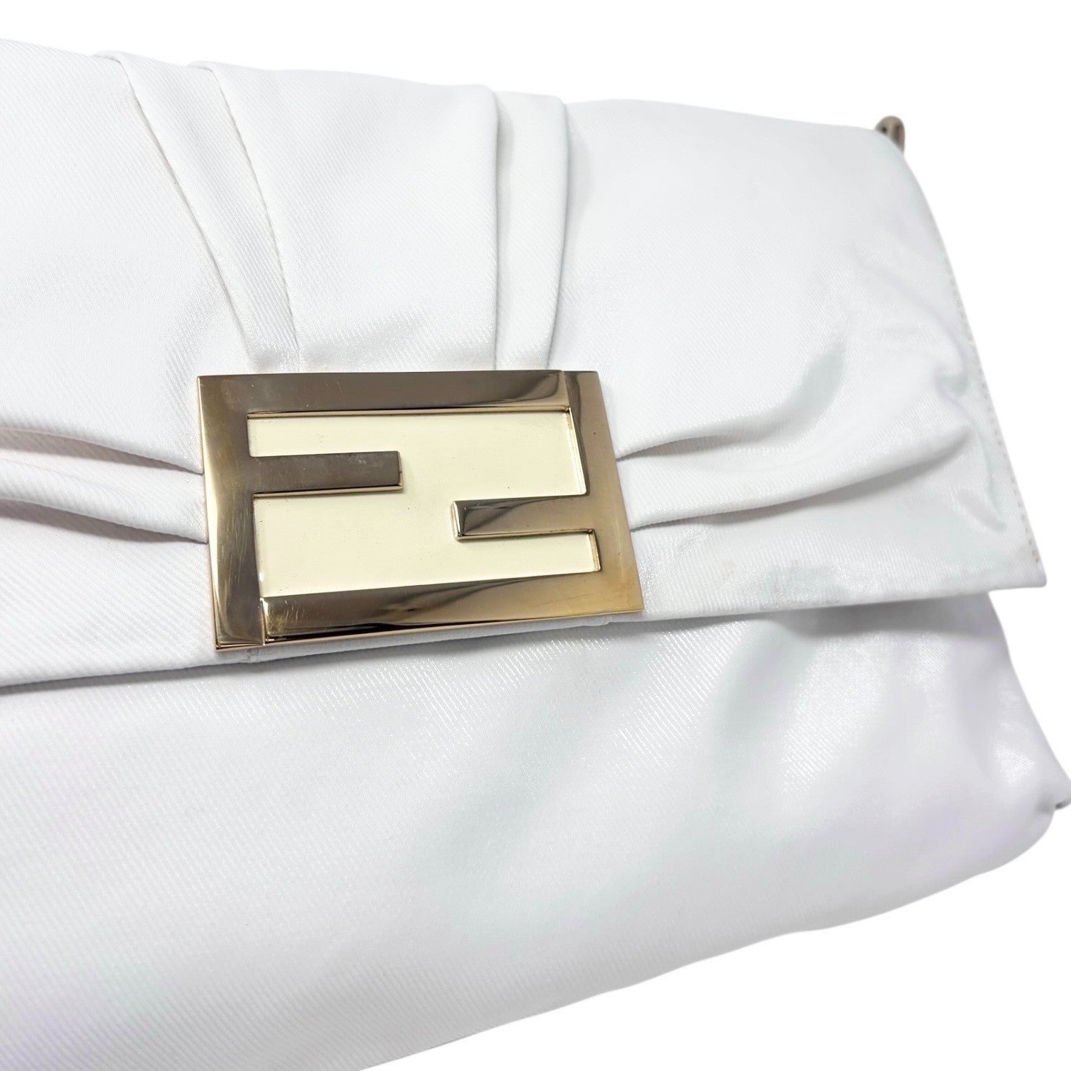 FENDI Vintage FF Logo Mia Mamma Flap Shoulder Bag White Gold Leather Cotton