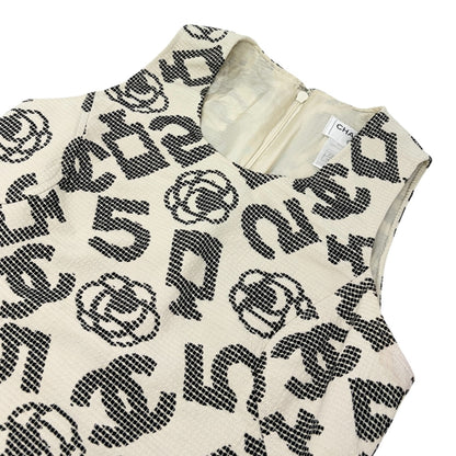 CHANEL Vintage 06P CC Camellia No.5 Print Tank Top #36 White Black Zip 902288